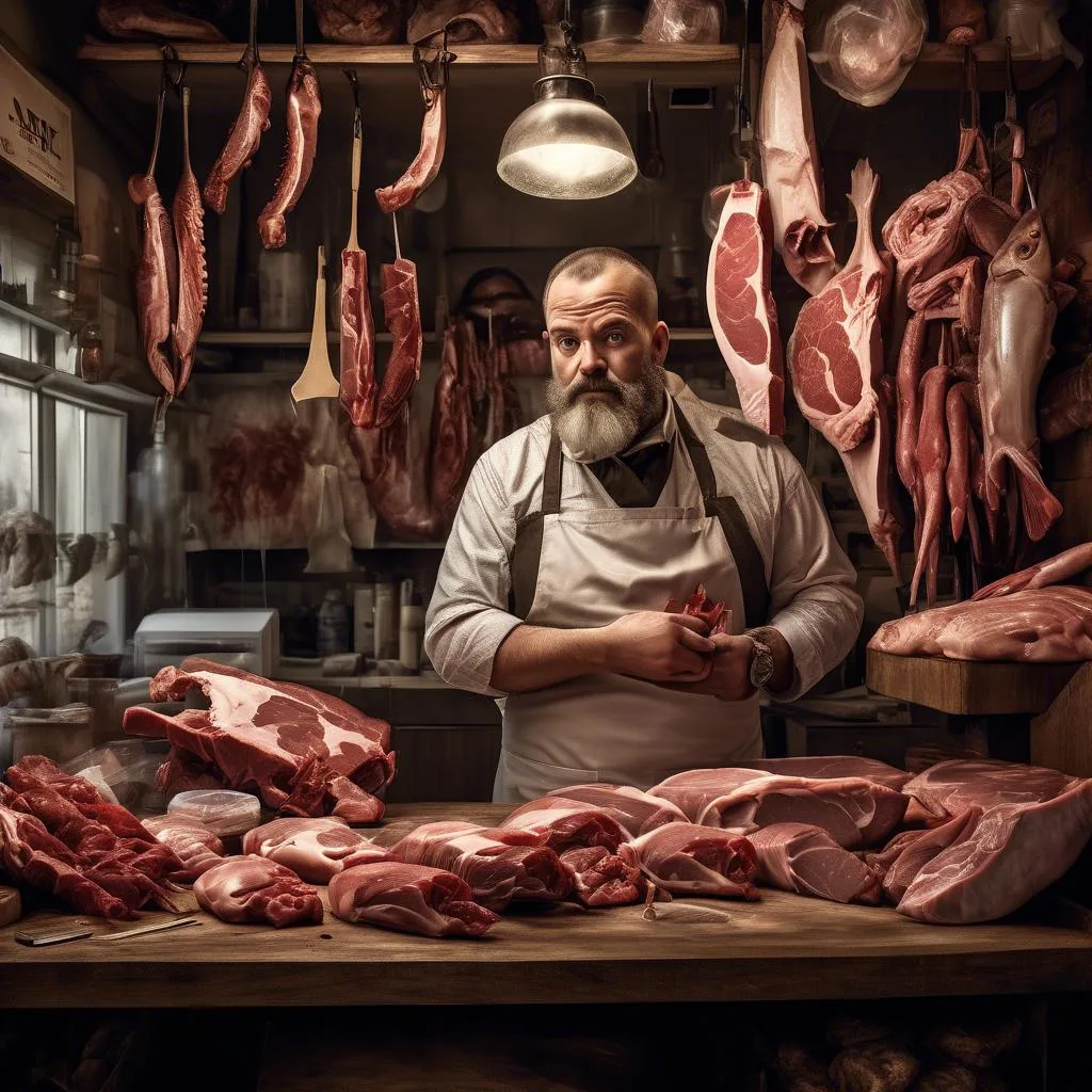 Butcher in his shop – Abraham van Strij